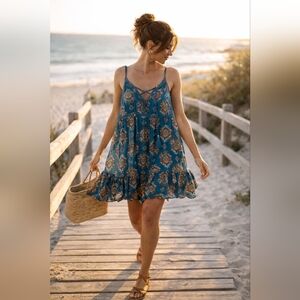 Coco + Jaimeson Teal Boho Print Tassel Mini Dress Size M Festival Cottagecore